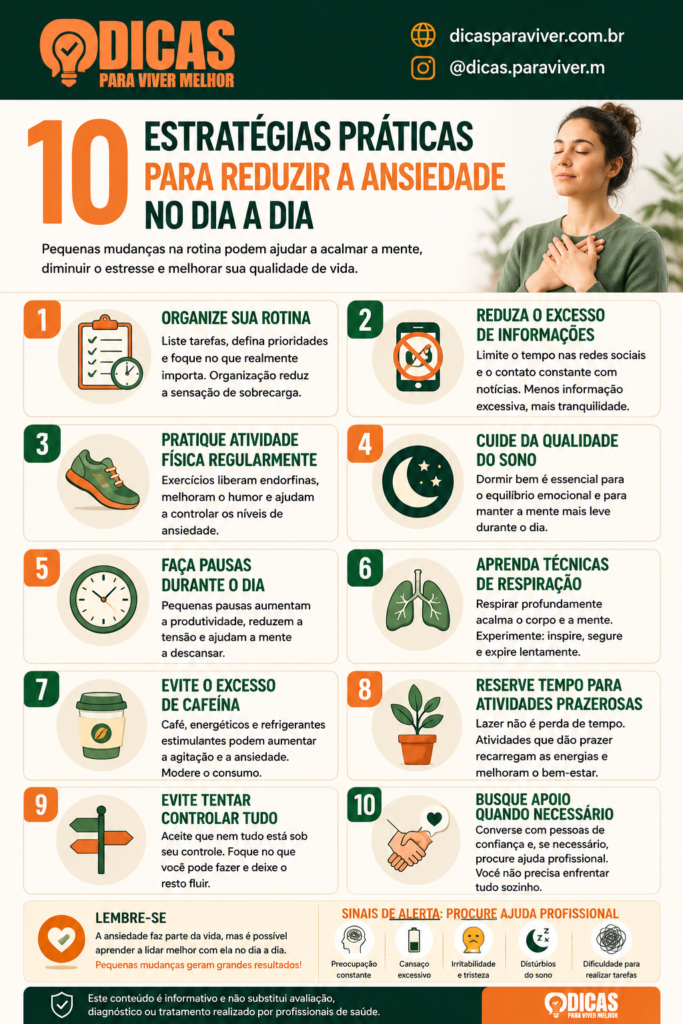 Infográfico Aprenda como reduzir a ansiedade no dia a dia com 10 estratégias práticas