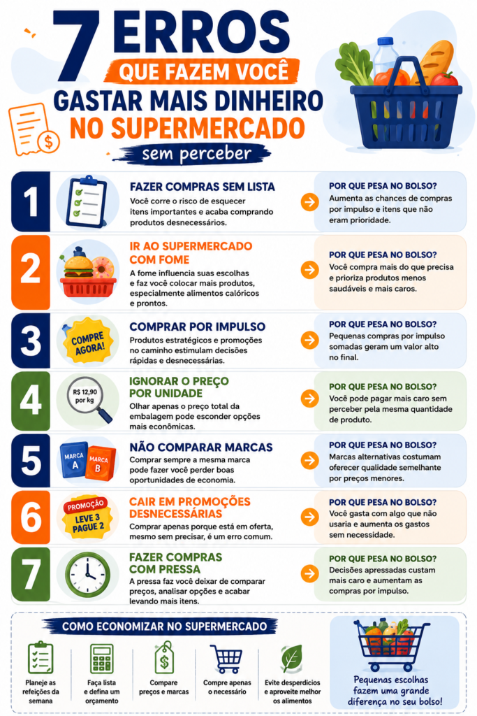 Infográfico Conheça os 7 erros que fazem você gastar mais dinheiro no supermercado e aprenda como economizar nas compras com atitudes simples e consumo mais consciente.