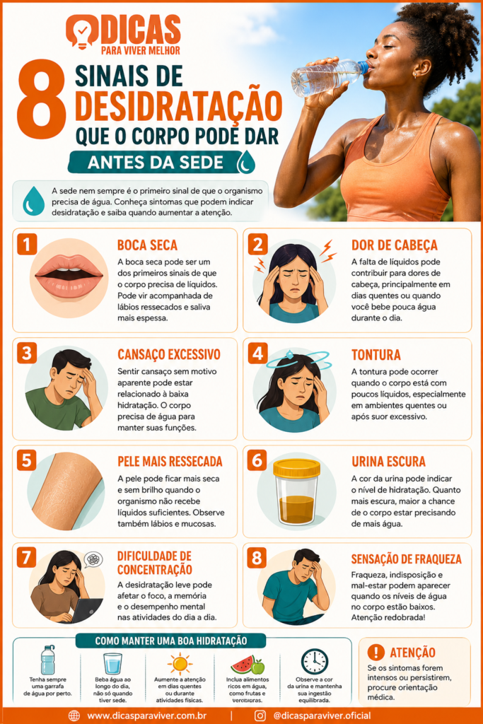 Infográfico Conheça 8 sinais de desidratação que podem surgir antes da sede e saiba como manter uma boa hidratação para preservar a saúde e o bem-estar.