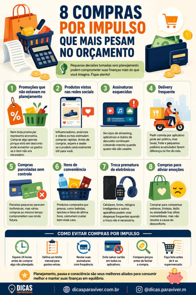 Infográfico Descubra 8 compras por impulso que mais pesam no orçamento familiar e aprenda estratégias simples para consumir de forma mais consciente