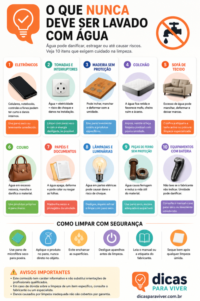 Infográfico O que nunca deve ser lavado com água