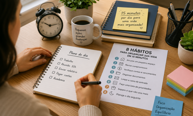 Organize sua vida em 15 minuto por dia com hábitos simples que ajudam a reduzir a bagunça, melhorar a produtividade e diminuir o estresse.