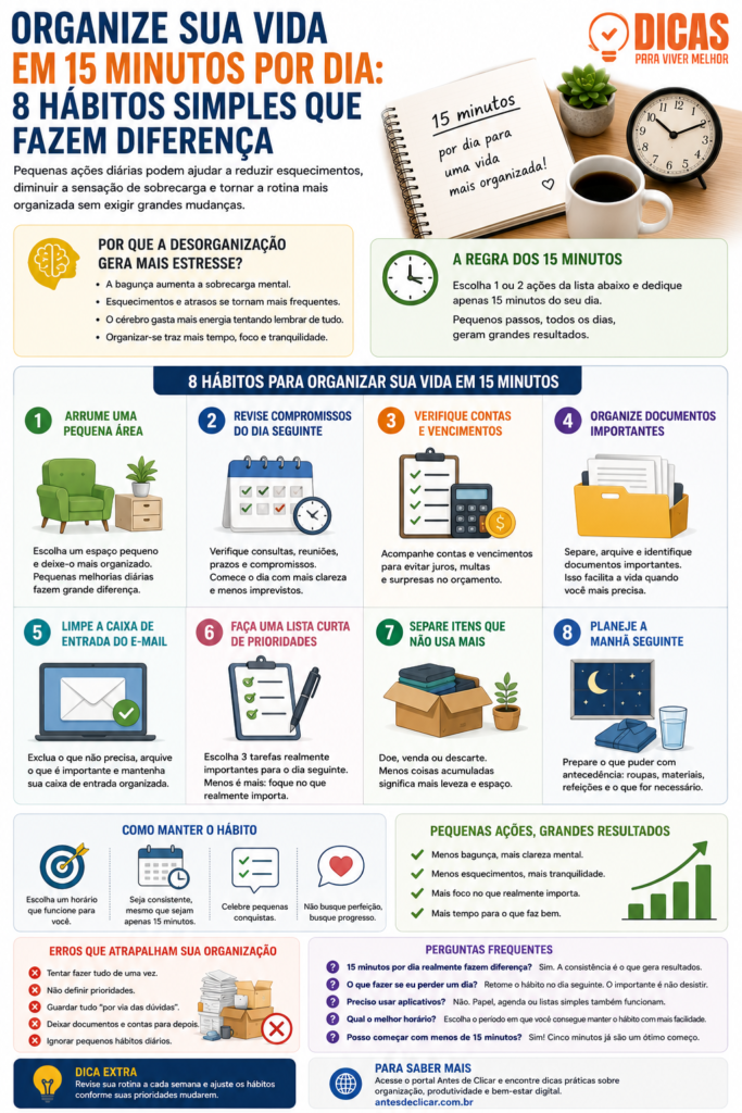 Infográfico Organize sua vida em 15 minuto por dia com hábitos simples que ajudam a reduzir a bagunça, melhorar a produtividade e diminuir o estresse.