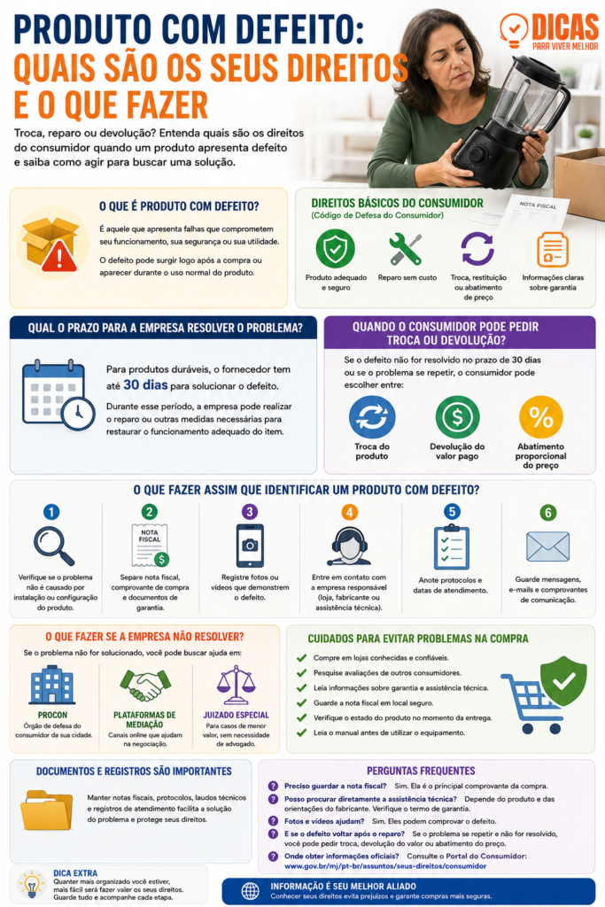 Infográfico Produto com defeito? Saiba quais são seus direitos, o que fazer para pedir troca, reparo ou devolução e como registrar o problema corretamente.