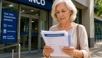 Como negociar uma dívida Pessoa analisando proposta de renegociação de dívida enquanto utiliza calculadora e organiza documentos financeiros sobre uma mesa.
