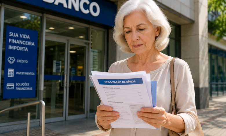 Como negociar uma dívida Pessoa analisando proposta de renegociação de dívida enquanto utiliza calculadora e organiza documentos financeiros sobre uma mesa.