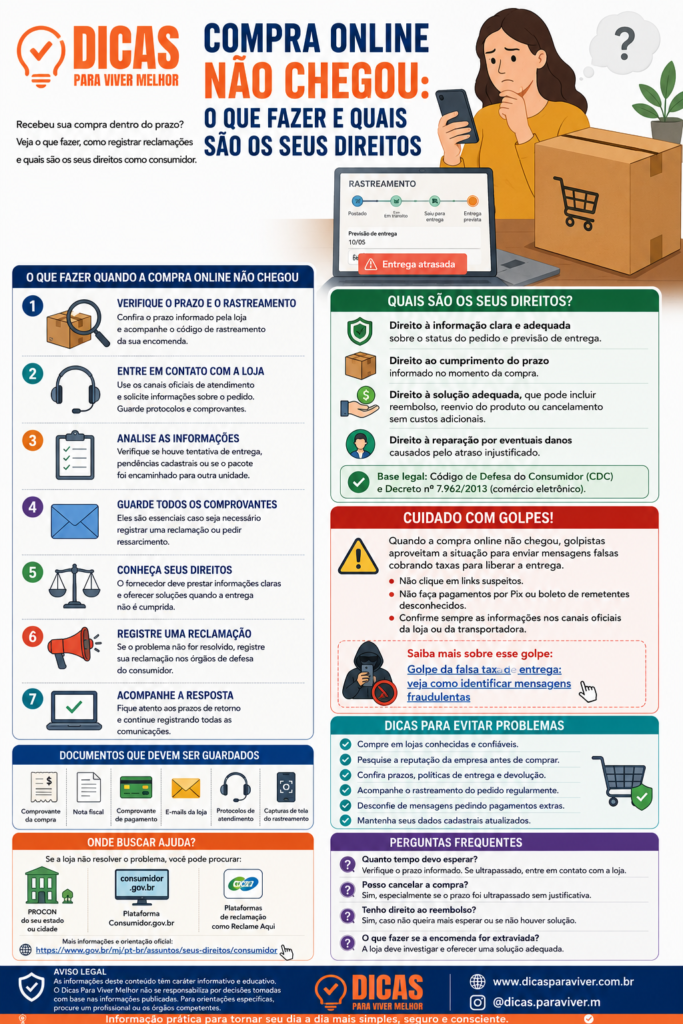 Infográfico compra online não chegou? Veja o que fazer, quais são os seus direitos e como agir quando o prazo de entrega não é cumprido