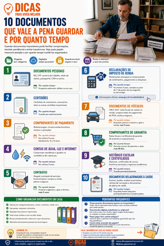 Infográfico Guardar documentos corretamente ajuda a evitar problemas futuros. Veja quais documentos vale a pena guardar